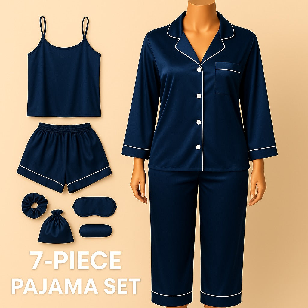 Secretline.7 pcs Non Padded Silk Satin Pajama Set Cami Top Nightgown Sexy Sleepwear Robe Sets Lace Nightdress