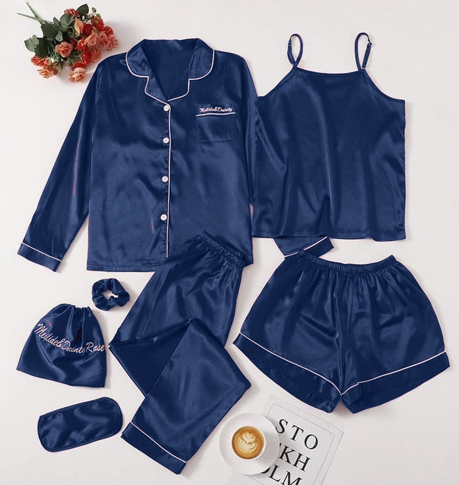 Secretline.7 pcs Non Padded Silk Satin Pajama Set Cami Top Nightgown Sexy Sleepwear Robe Sets Lace Nightdress