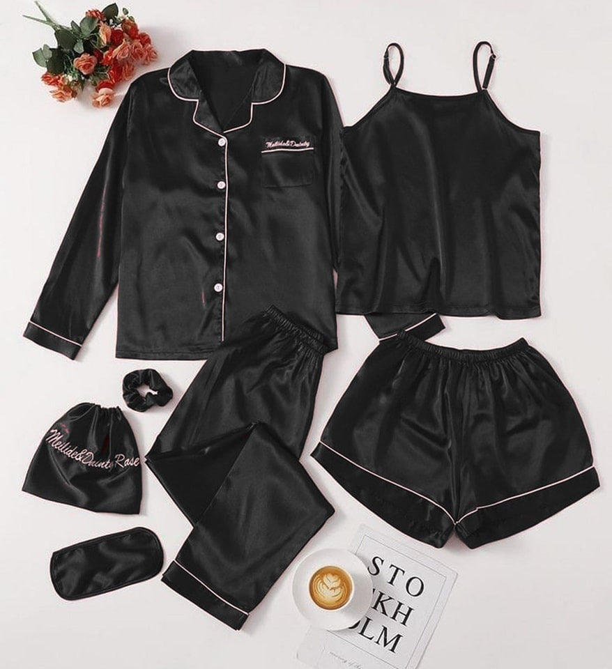 Secretline.7 pcs Non Padded Silk Satin Pajama Set Cami Top Nightgown Sexy Sleepwear Robe Sets Lace Nightdress